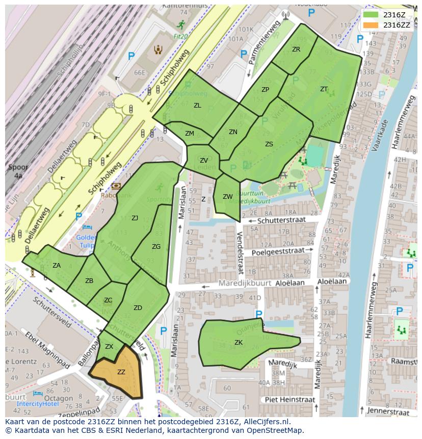 Afbeelding van het postcodegebied 2316 ZZ op de kaart.