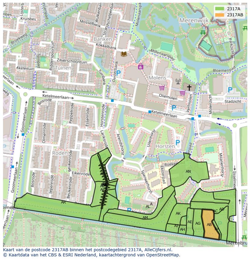 Afbeelding van het postcodegebied 2317 AB op de kaart.