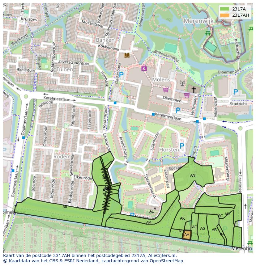 Afbeelding van het postcodegebied 2317 AH op de kaart.