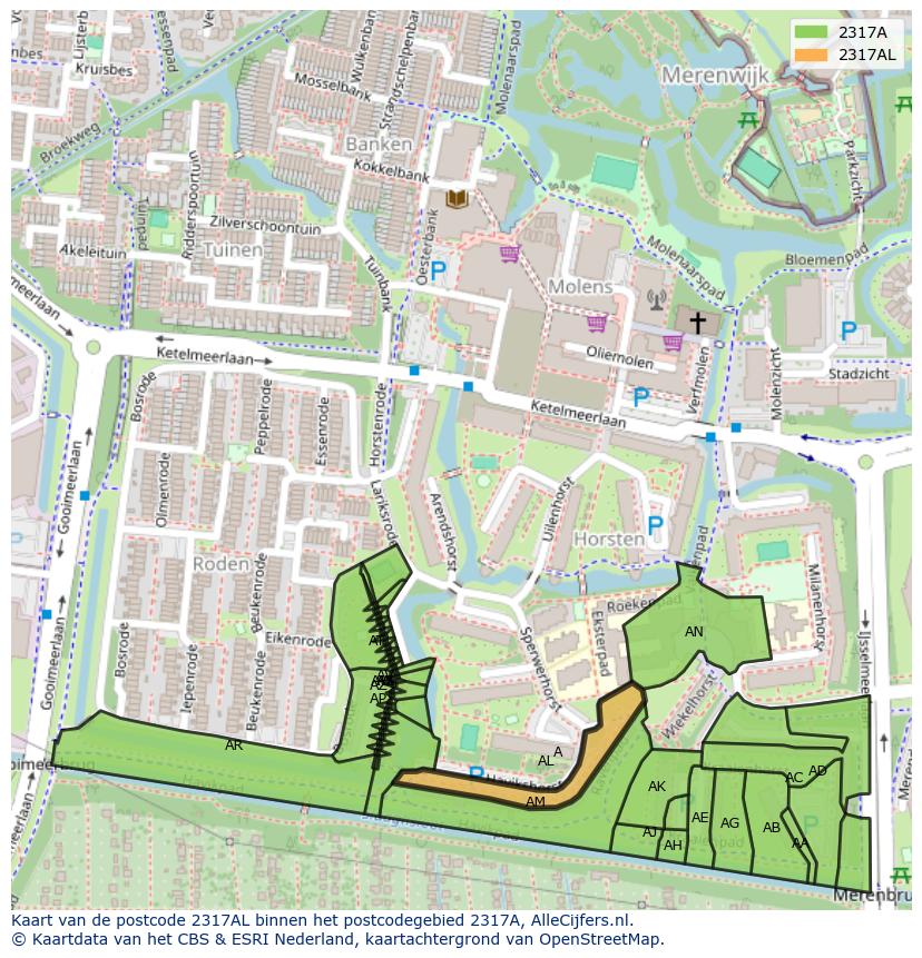Afbeelding van het postcodegebied 2317 AL op de kaart.