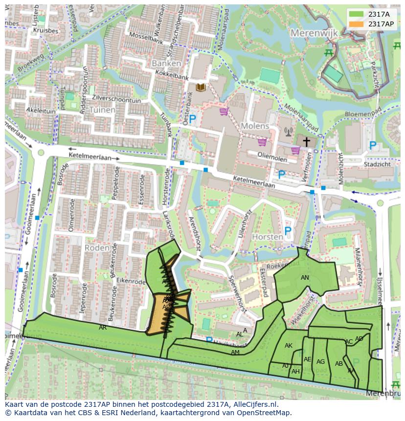 Afbeelding van het postcodegebied 2317 AP op de kaart.