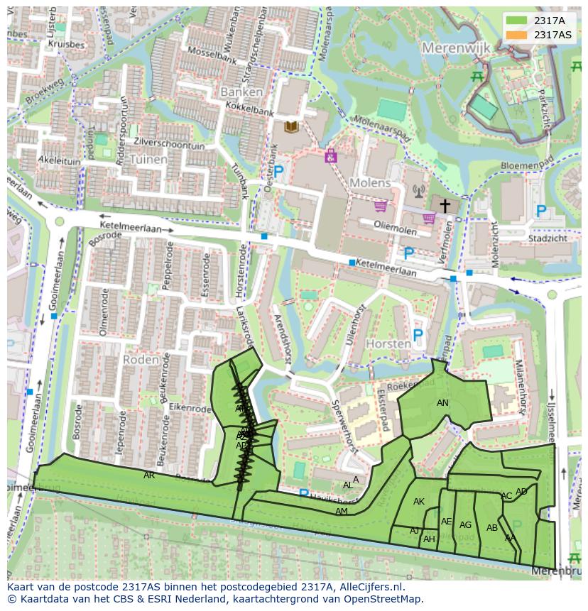 Afbeelding van het postcodegebied 2317 AS op de kaart.