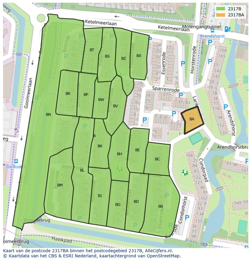 Afbeelding van het postcodegebied 2317 BA op de kaart.