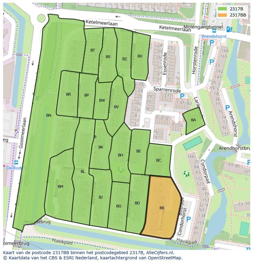 Afbeelding van het postcodegebied 2317 BB op de kaart.