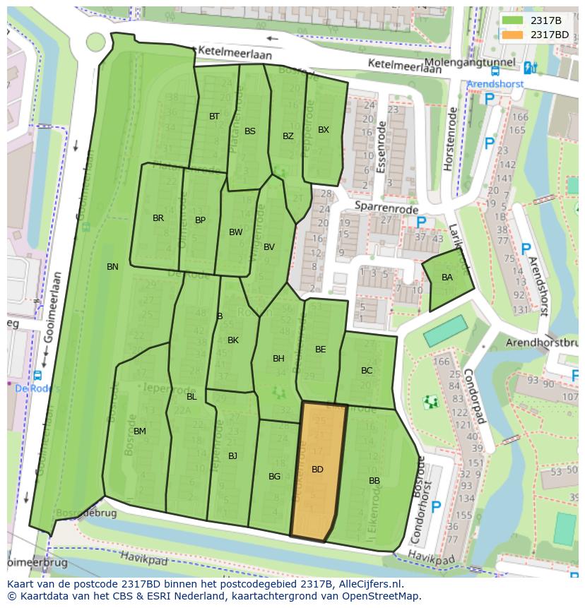 Afbeelding van het postcodegebied 2317 BD op de kaart.