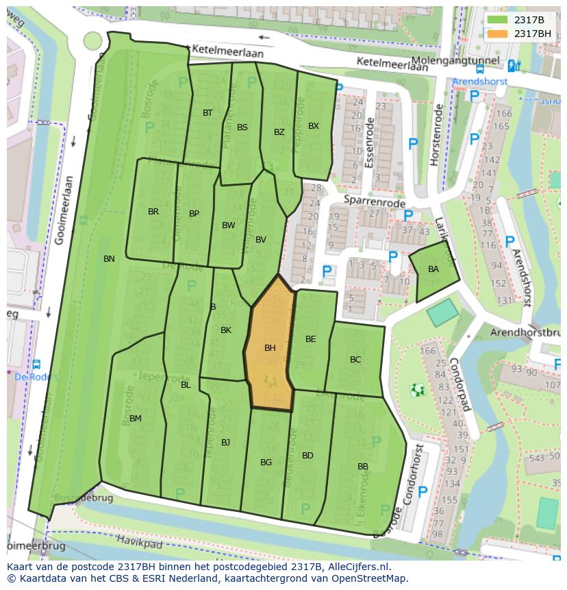 Afbeelding van het postcodegebied 2317 BH op de kaart.