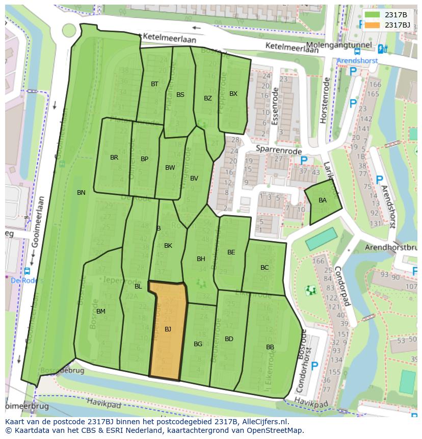 Afbeelding van het postcodegebied 2317 BJ op de kaart.