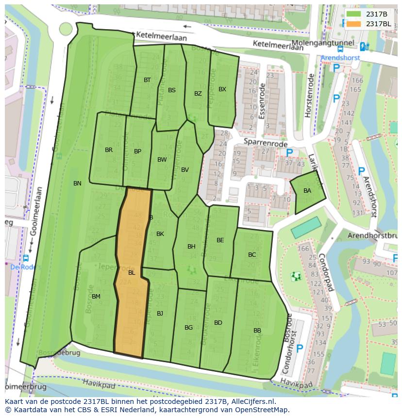Afbeelding van het postcodegebied 2317 BL op de kaart.
