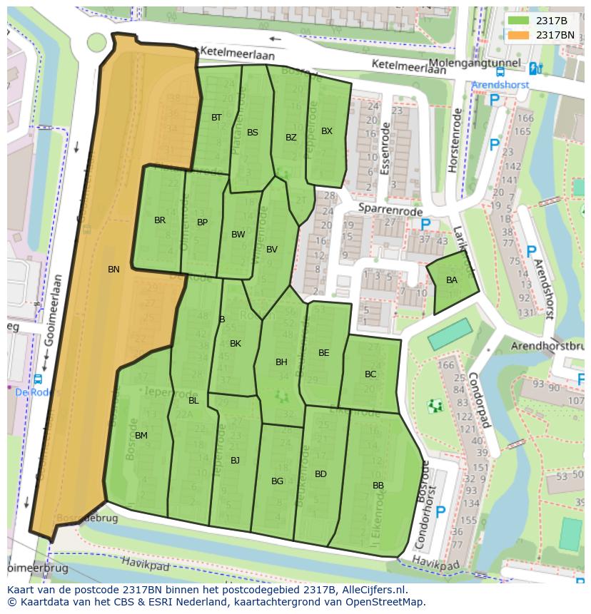 Afbeelding van het postcodegebied 2317 BN op de kaart.