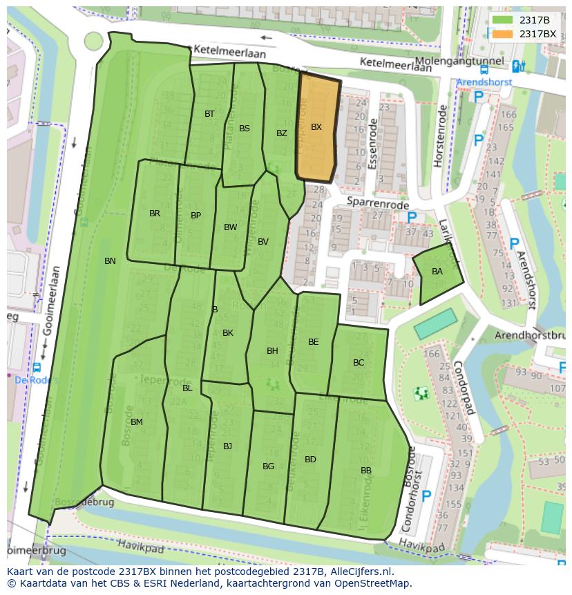 Afbeelding van het postcodegebied 2317 BX op de kaart.