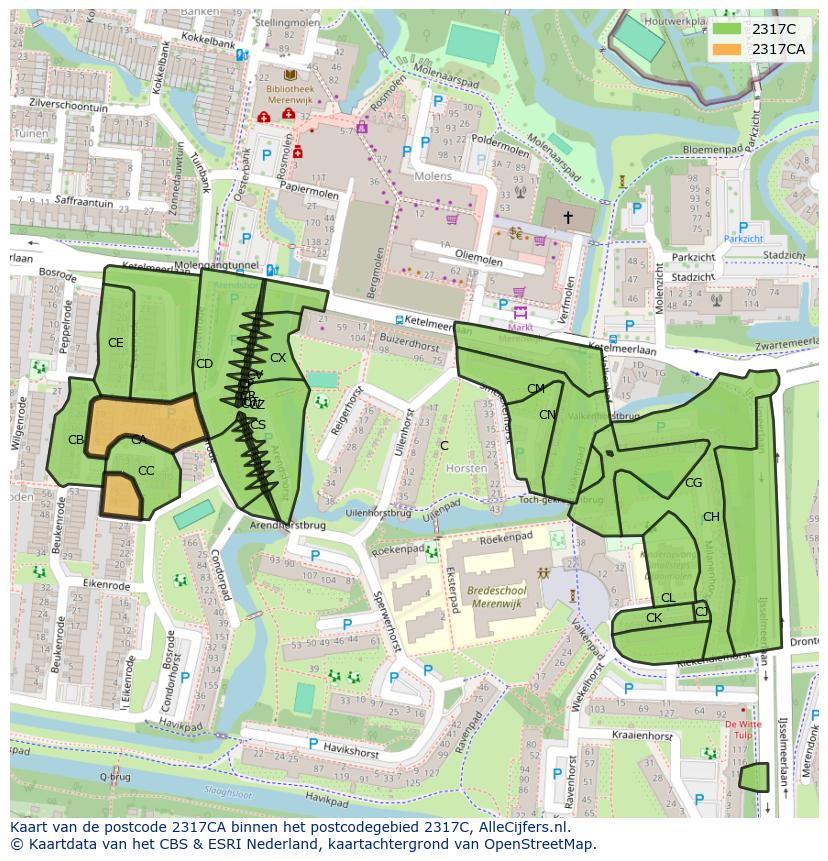 Afbeelding van het postcodegebied 2317 CA op de kaart.