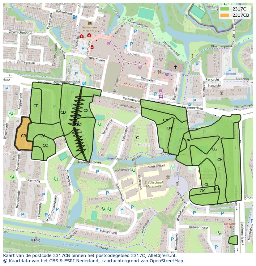 Afbeelding van het postcodegebied 2317 CB op de kaart.