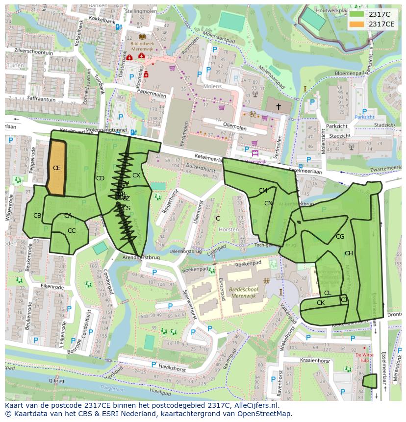Afbeelding van het postcodegebied 2317 CE op de kaart.
