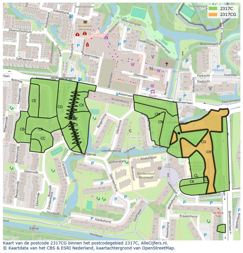 Afbeelding van het postcodegebied 2317 CG op de kaart.