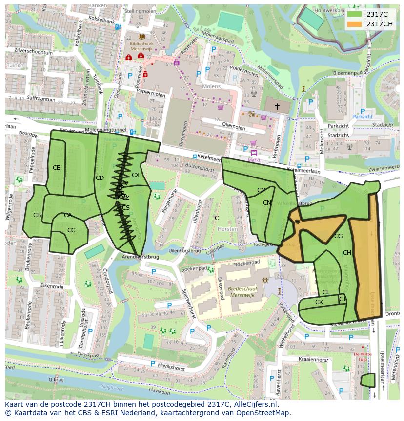 Afbeelding van het postcodegebied 2317 CH op de kaart.