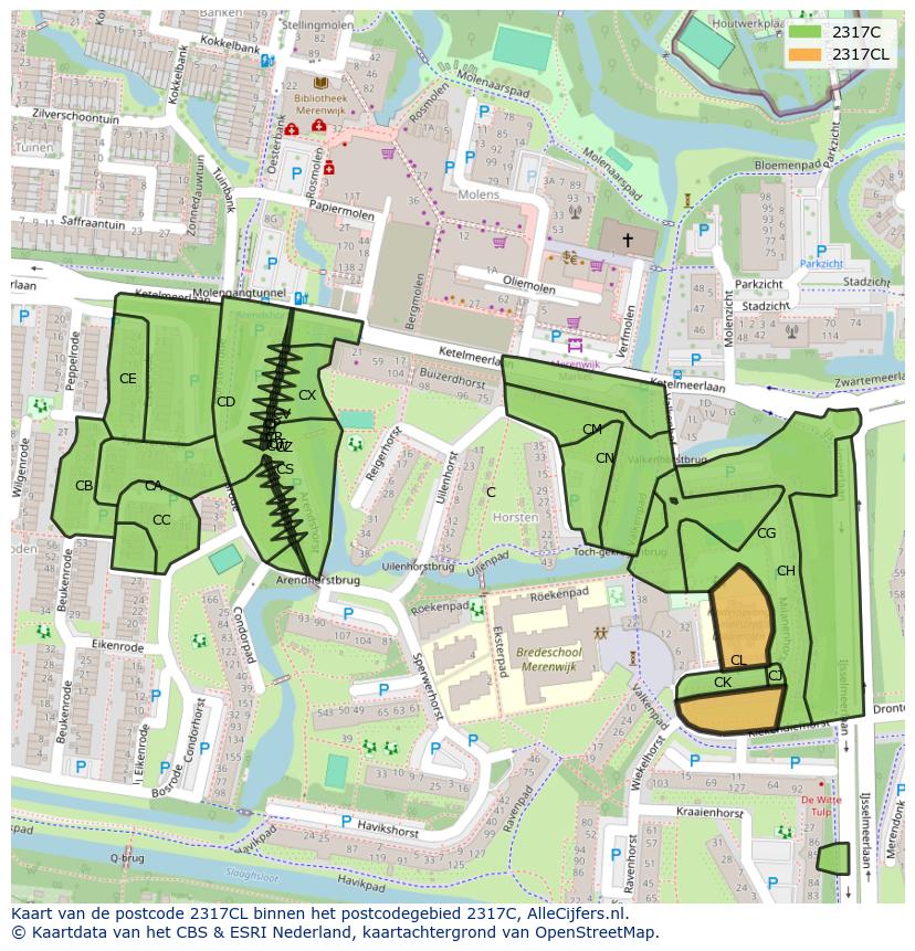Afbeelding van het postcodegebied 2317 CL op de kaart.