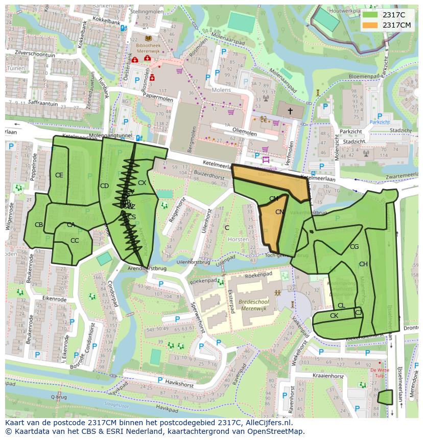 Afbeelding van het postcodegebied 2317 CM op de kaart.