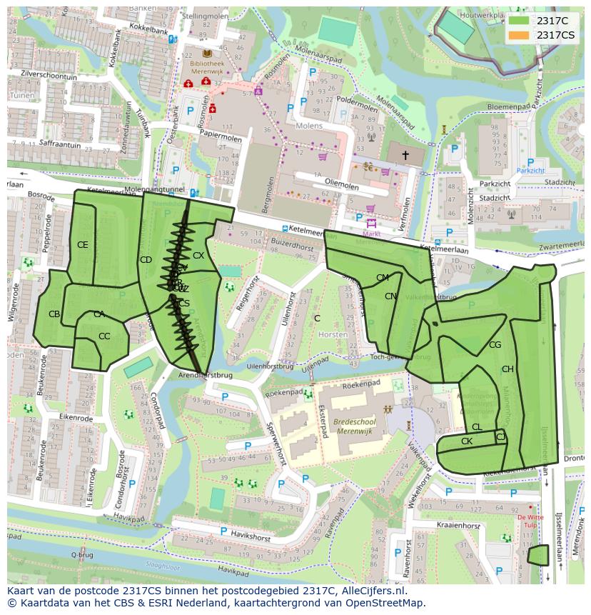 Afbeelding van het postcodegebied 2317 CS op de kaart.
