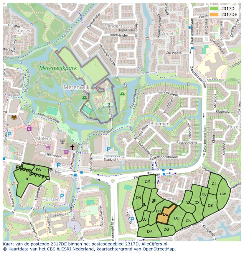 Afbeelding van het postcodegebied 2317 DE op de kaart.