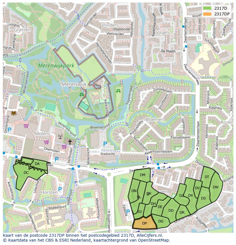 Afbeelding van het postcodegebied 2317 DP op de kaart.