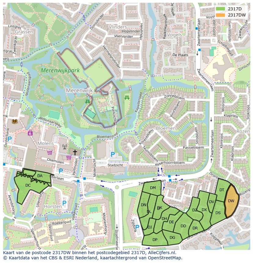 Afbeelding van het postcodegebied 2317 DW op de kaart.