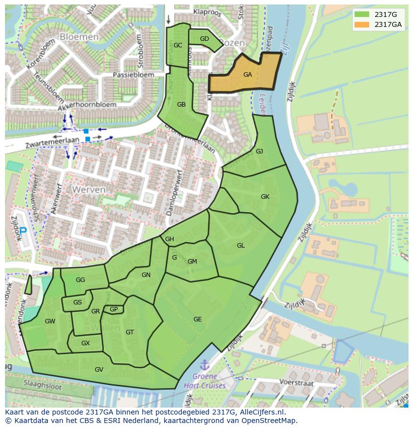Afbeelding van het postcodegebied 2317 GA op de kaart.