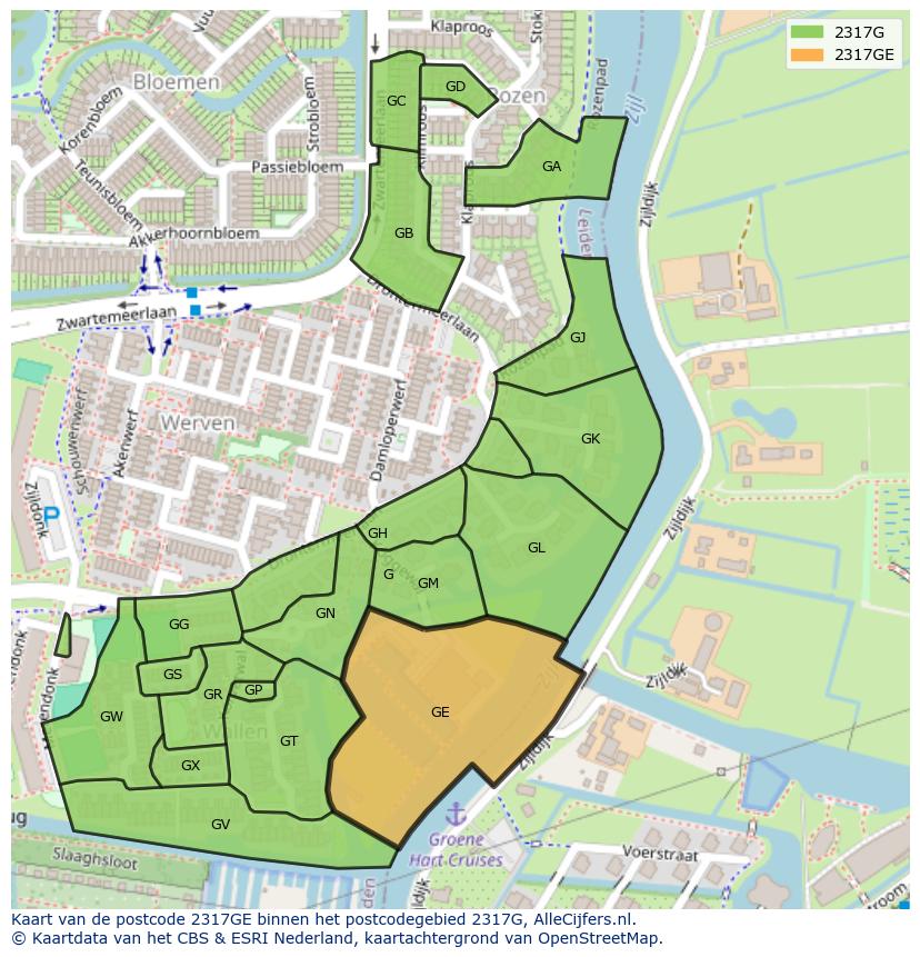 Afbeelding van het postcodegebied 2317 GE op de kaart.