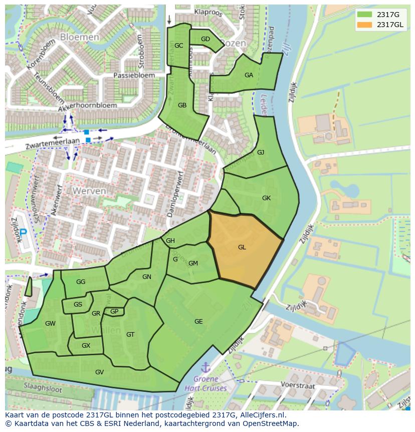 Afbeelding van het postcodegebied 2317 GL op de kaart.