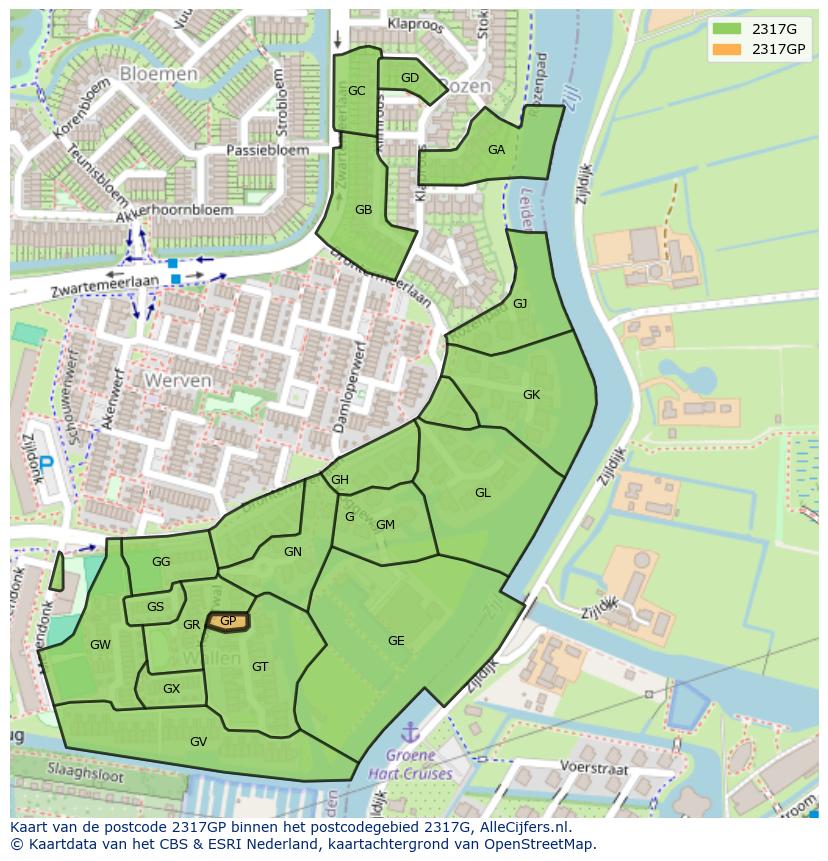 Afbeelding van het postcodegebied 2317 GP op de kaart.