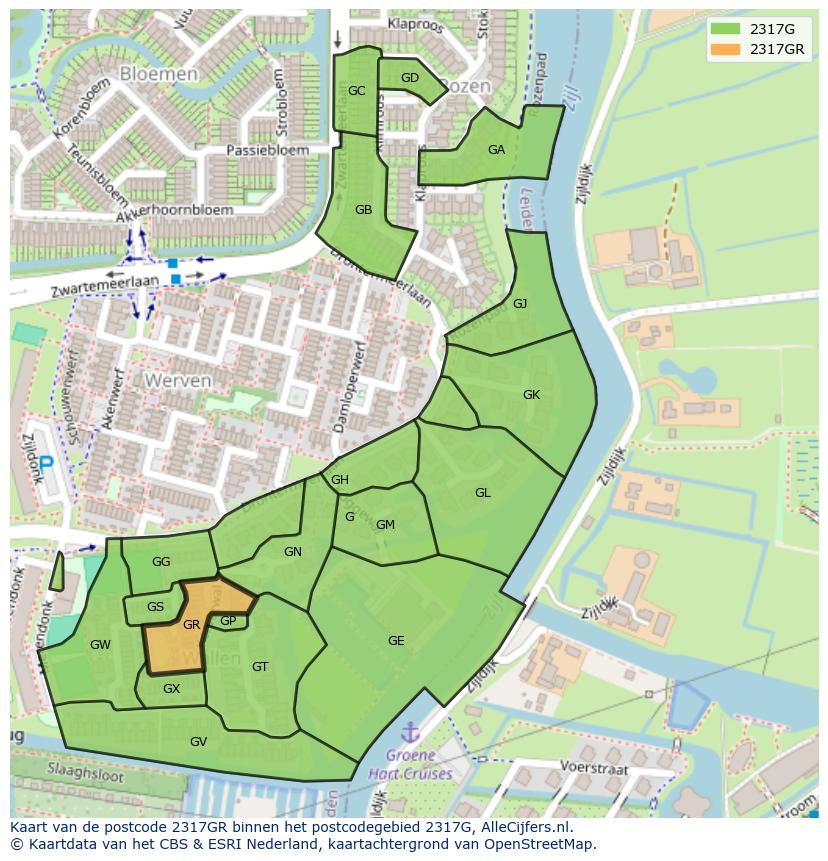 Afbeelding van het postcodegebied 2317 GR op de kaart.