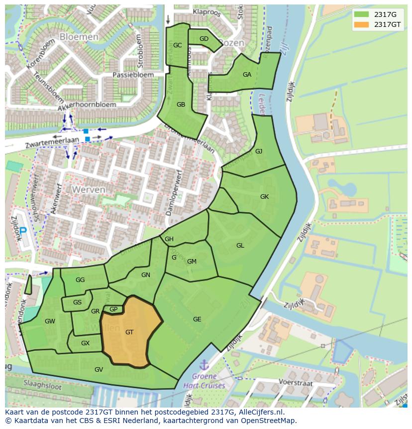 Afbeelding van het postcodegebied 2317 GT op de kaart.