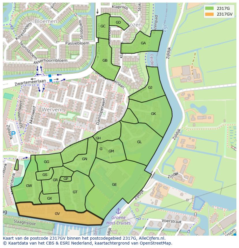 Afbeelding van het postcodegebied 2317 GV op de kaart.