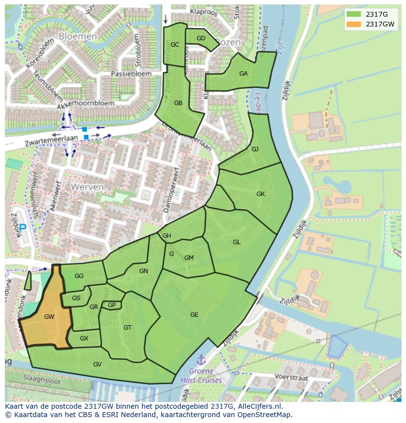 Afbeelding van het postcodegebied 2317 GW op de kaart.