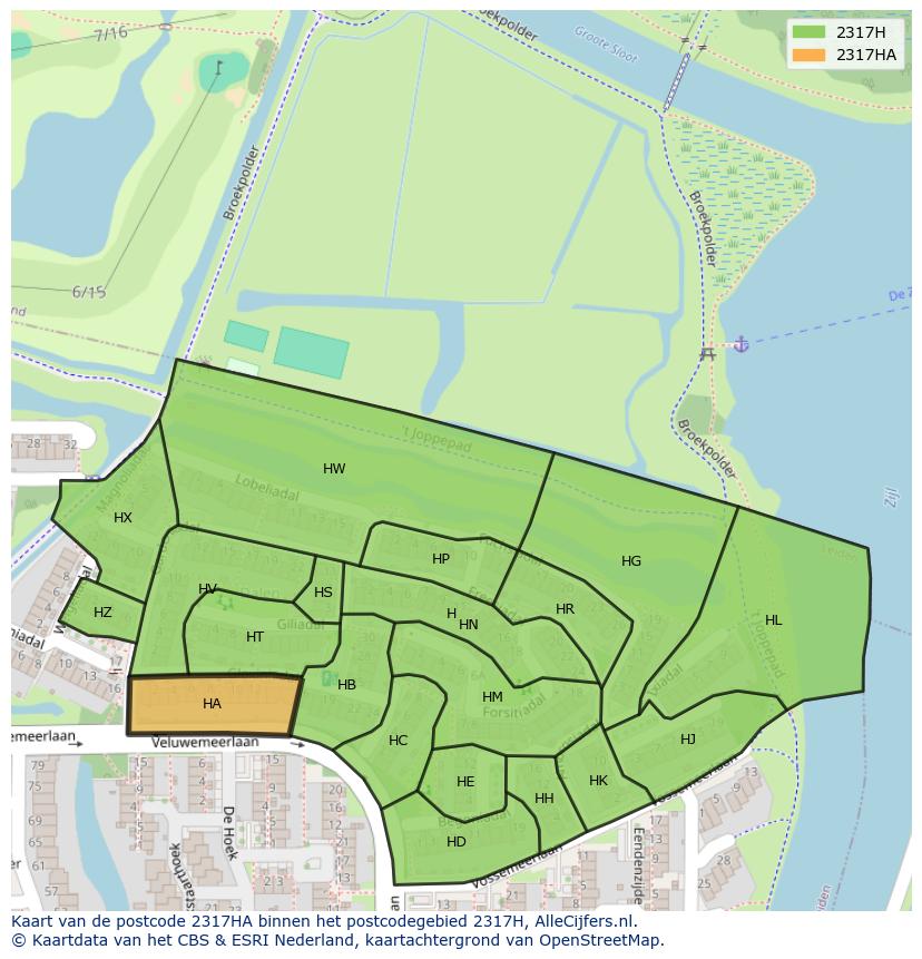 Afbeelding van het postcodegebied 2317 HA op de kaart.