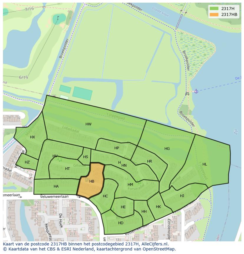 Afbeelding van het postcodegebied 2317 HB op de kaart.
