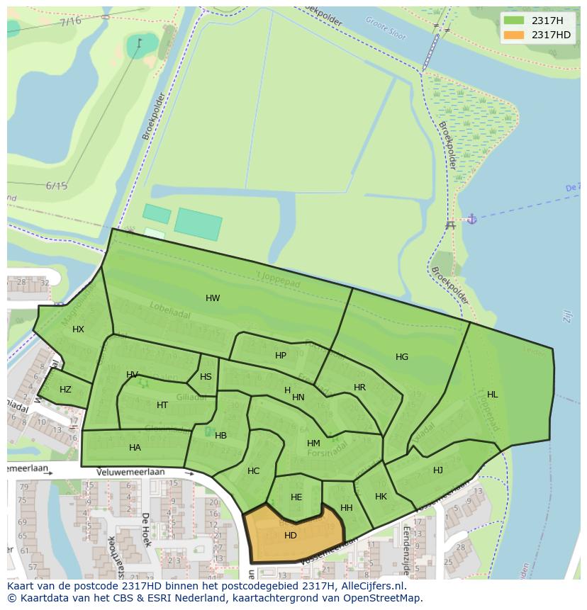 Afbeelding van het postcodegebied 2317 HD op de kaart.
