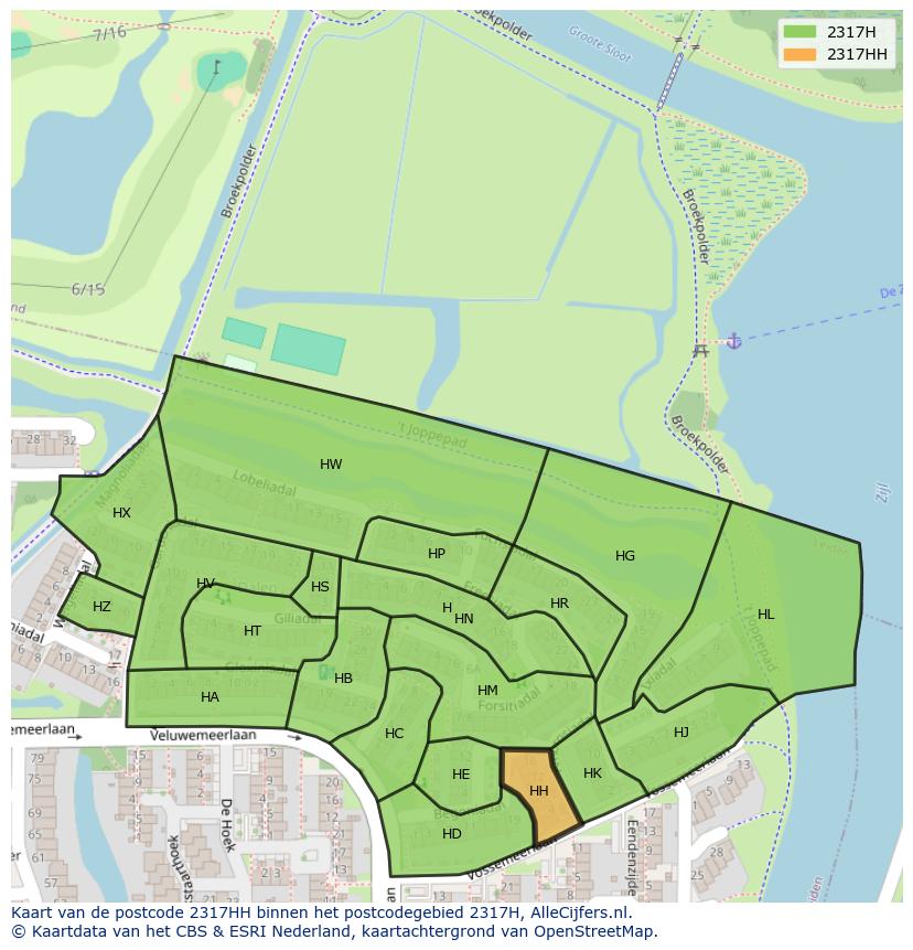 Afbeelding van het postcodegebied 2317 HH op de kaart.