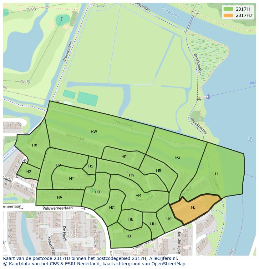 Afbeelding van het postcodegebied 2317 HJ op de kaart.