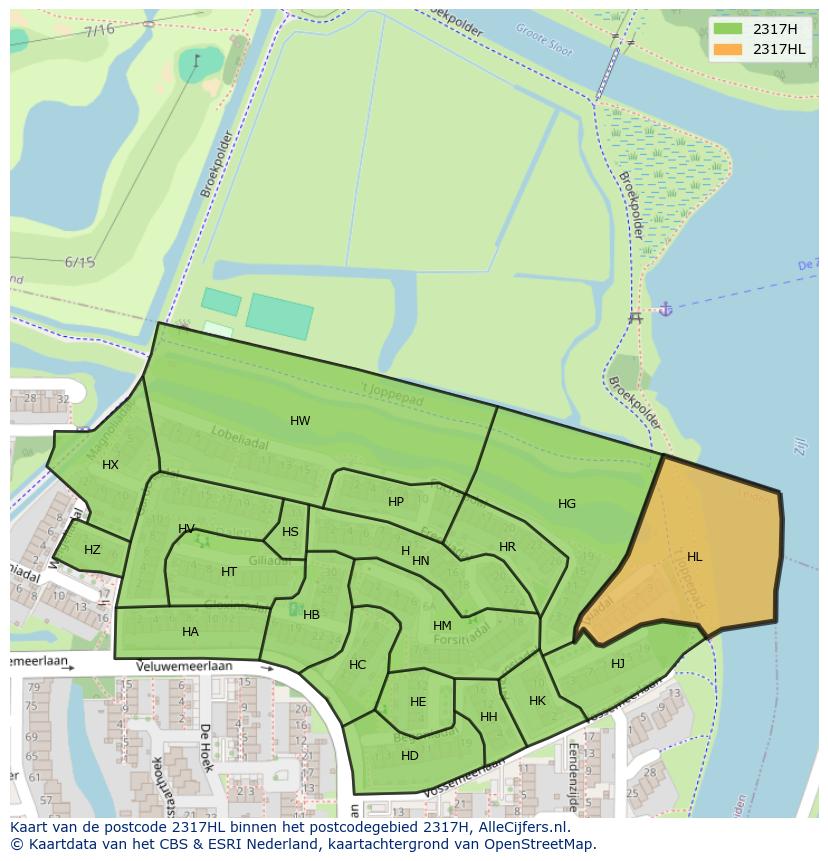 Afbeelding van het postcodegebied 2317 HL op de kaart.