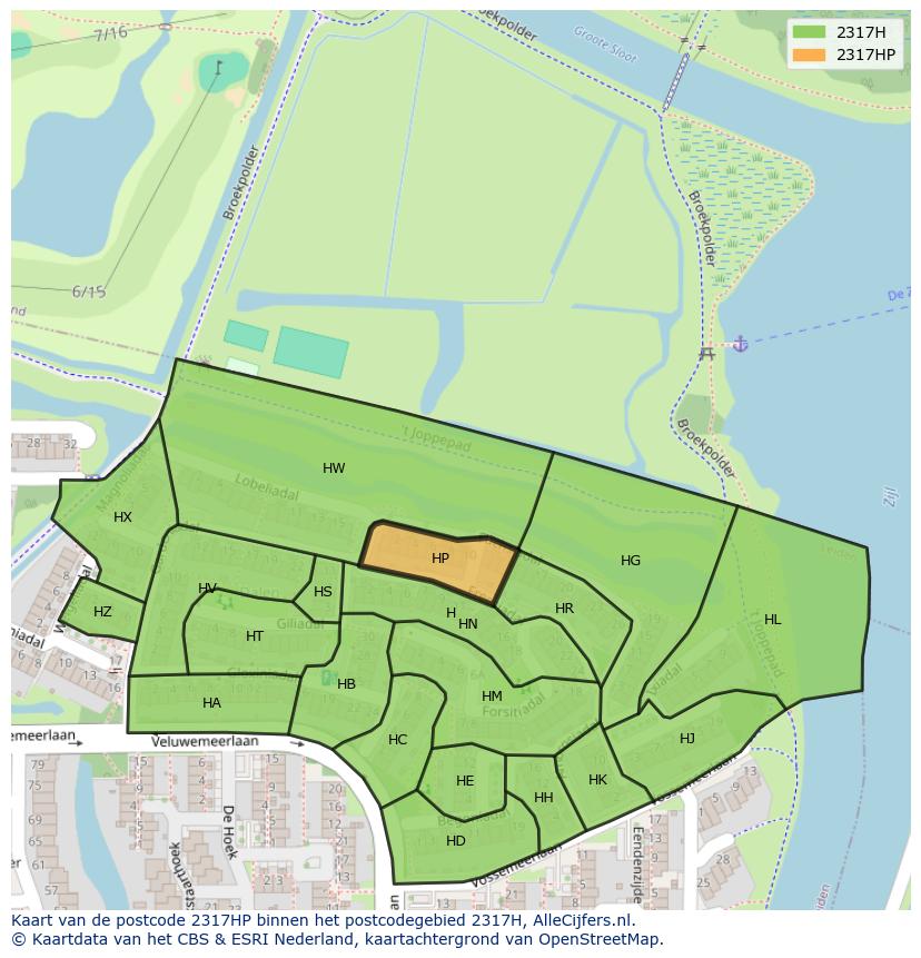 Afbeelding van het postcodegebied 2317 HP op de kaart.