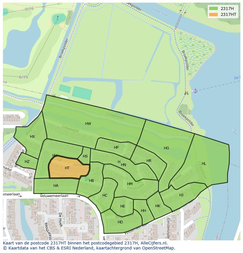 Afbeelding van het postcodegebied 2317 HT op de kaart.
