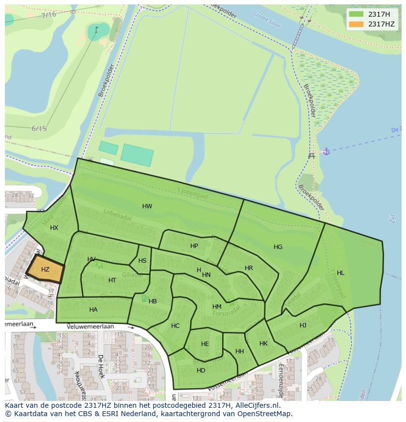 Afbeelding van het postcodegebied 2317 HZ op de kaart.