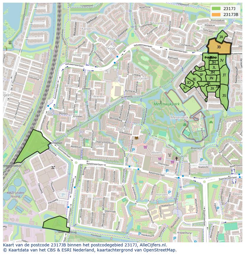 Afbeelding van het postcodegebied 2317 JB op de kaart.