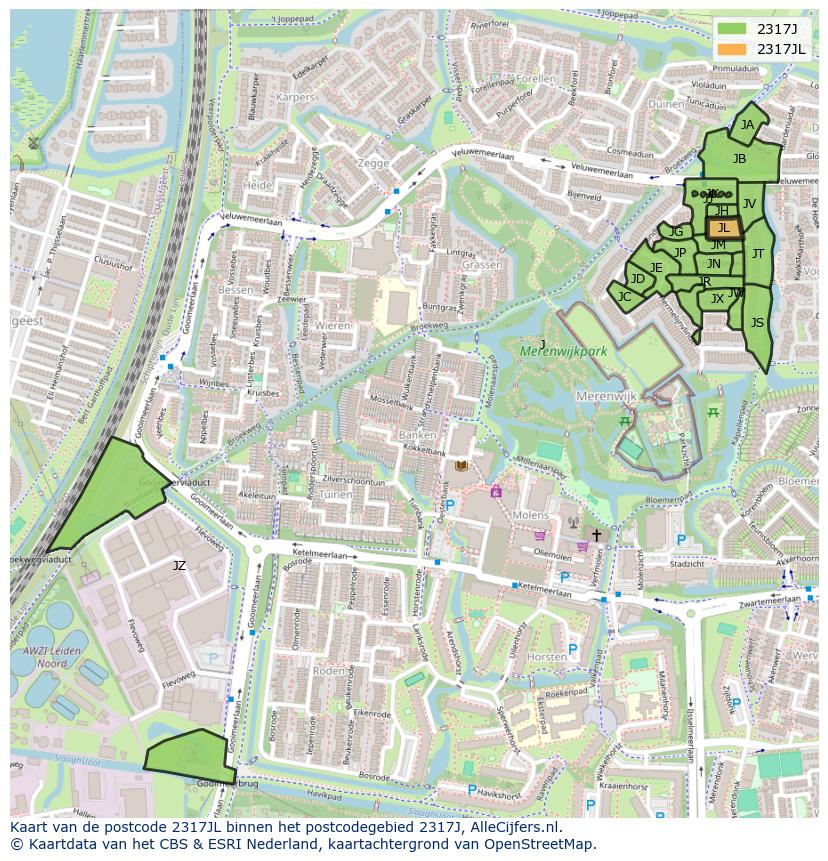 Afbeelding van het postcodegebied 2317 JL op de kaart.