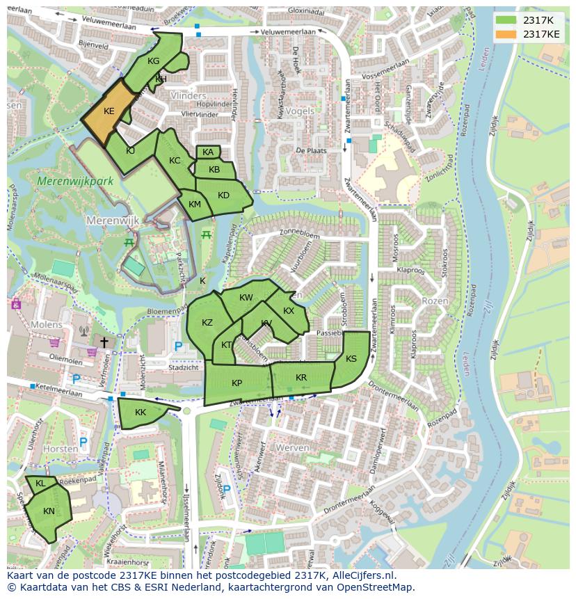 Afbeelding van het postcodegebied 2317 KE op de kaart.
