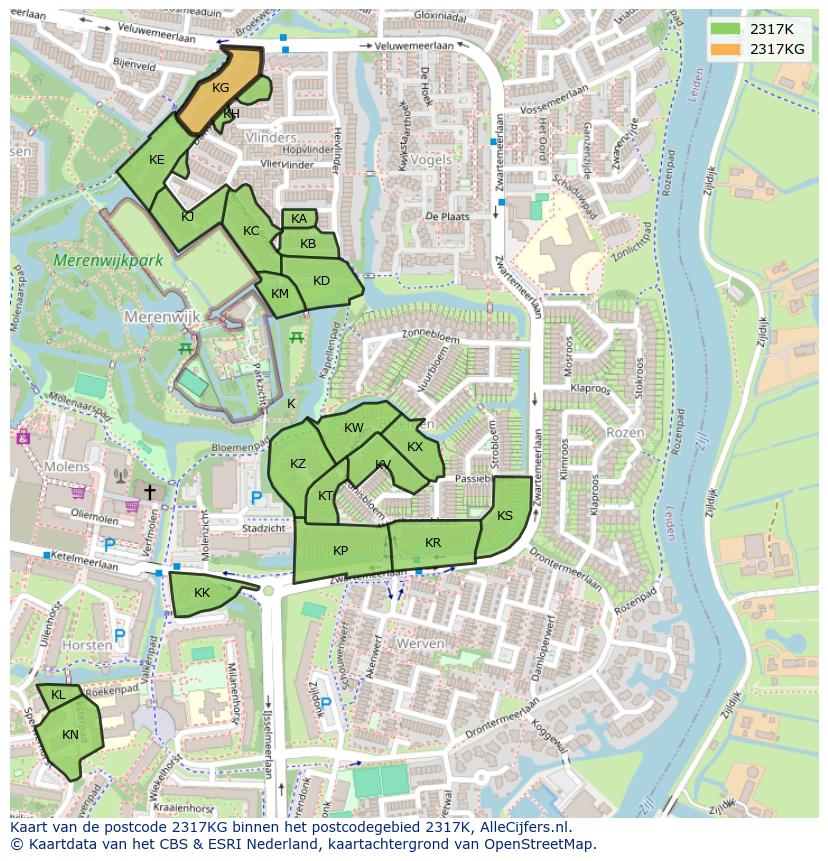 Afbeelding van het postcodegebied 2317 KG op de kaart.