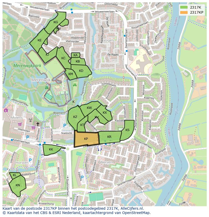 Afbeelding van het postcodegebied 2317 KP op de kaart.
