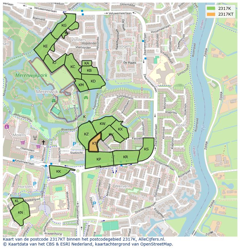 Afbeelding van het postcodegebied 2317 KT op de kaart.