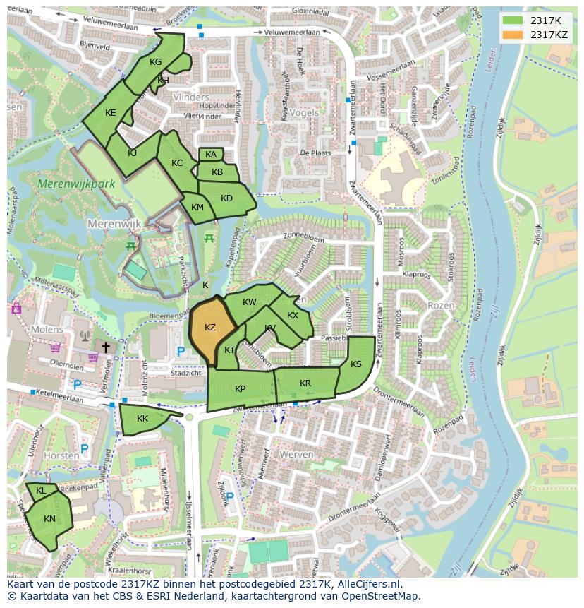 Afbeelding van het postcodegebied 2317 KZ op de kaart.