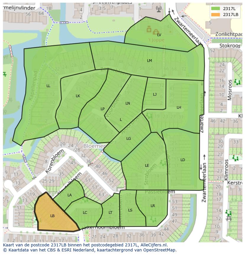Afbeelding van het postcodegebied 2317 LB op de kaart.